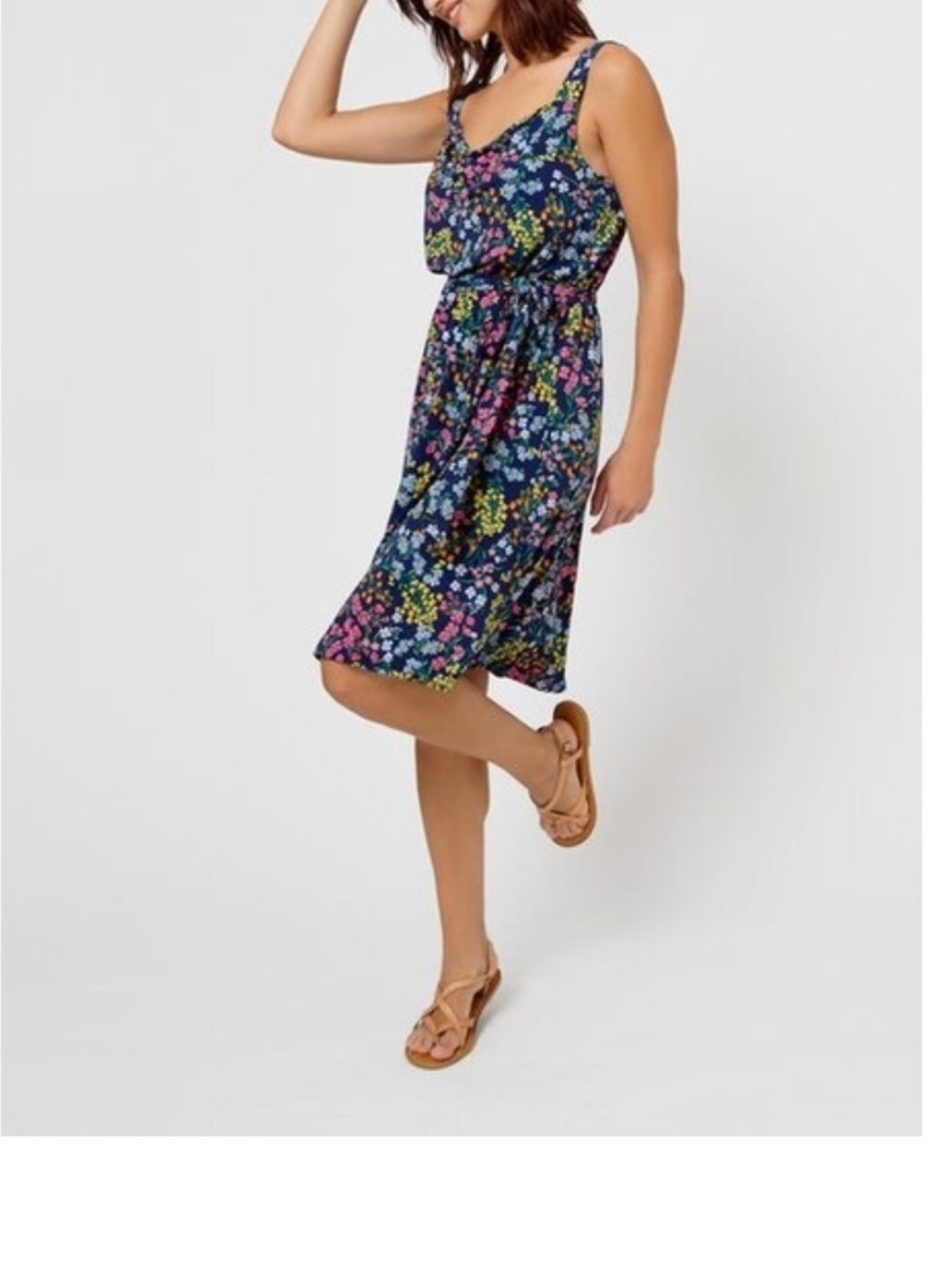 Leota Navy Floral Midi Dress with Pink, Yellow & Green Accents